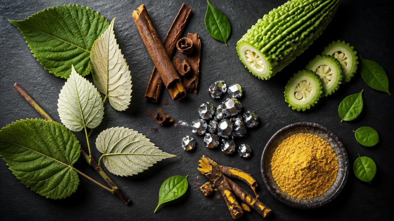 Mulberry leaves, Ceylon cinnamon bark, bitter melon, chromium and berberine root arranged on slate