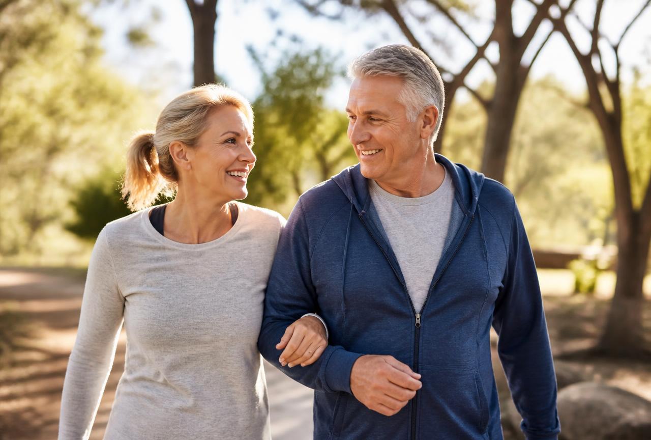 Couple in their fifties walking together in morning sunlight, representing steady daily energy