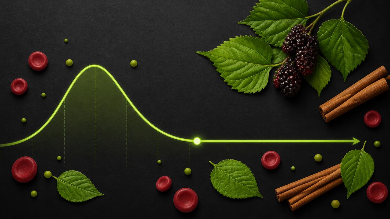 Illustration of a glucose curve flattening alongside mulberry leaves and cinnamon bark